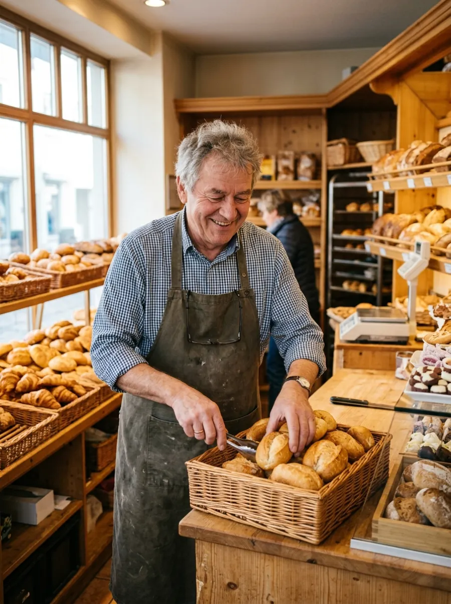 Älterer Mann arbeitet hinter der Theke einer Bäckerei