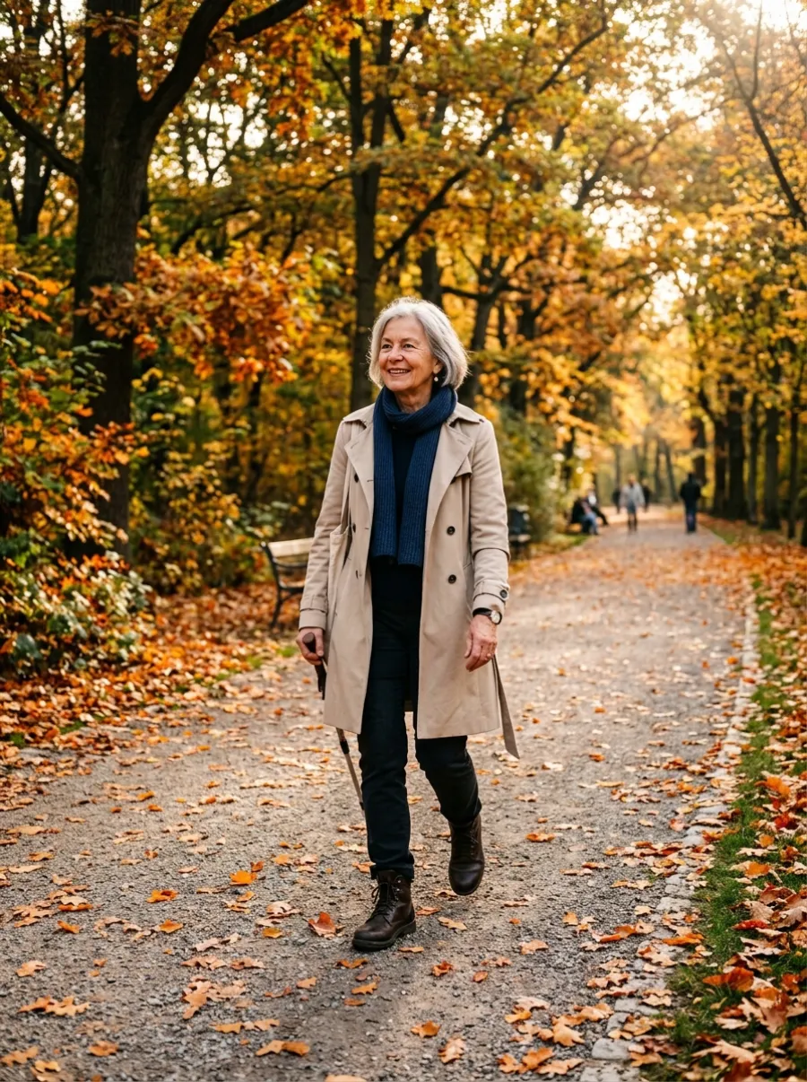 Ältere Frau spaziert im Herbst durch einen Park