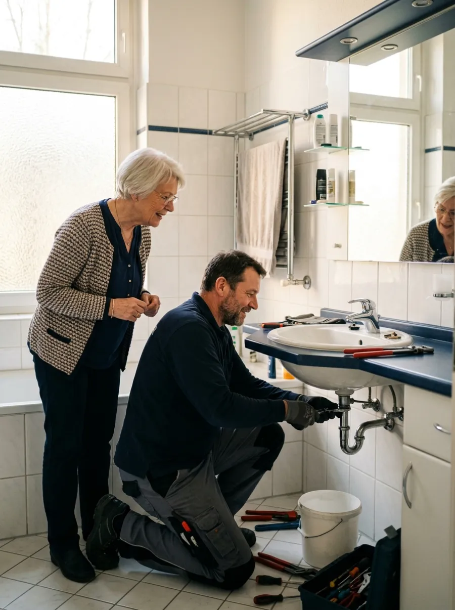 Handwerker repariert einen Wasserhahn, der Hausbesitzer schaut zu