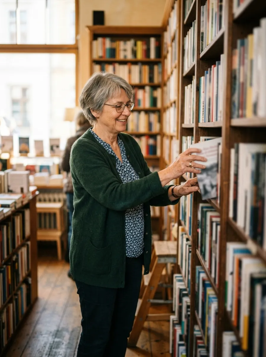 Frau sortiert Bücher in einer kleinen Buchhandlung