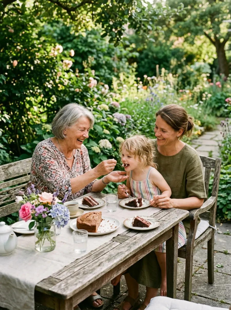Großmutter sitzt mit Tochter und Enkelkind am Gartentisch