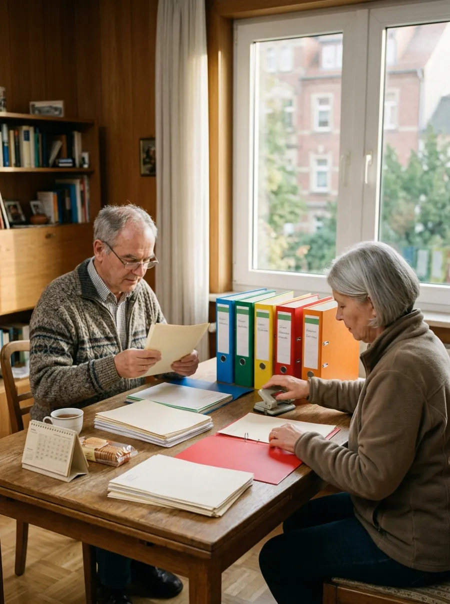 Rentnerehepaar sortiert Unterlagen in Ordner