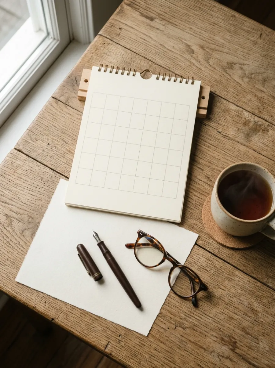 Schreibtisch mit Kalender, Füller und Lesebrille