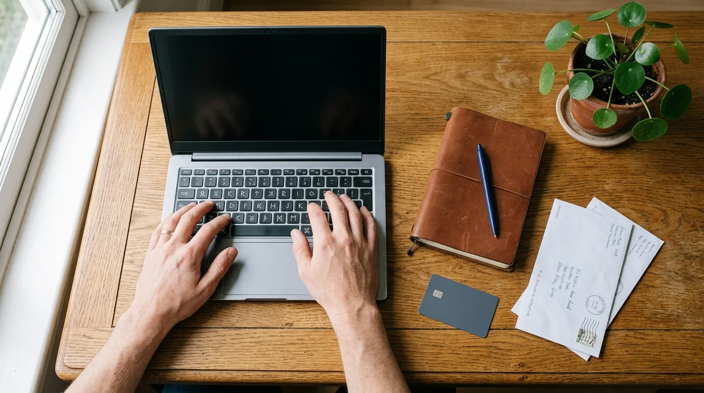 Schreibtisch mit Laptop und Unterlagen
